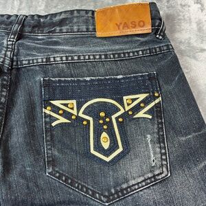 Yaso Jeans Mens 36x33 Distressed Dark Denim Straight Leg Grunge Streetwear Y2K